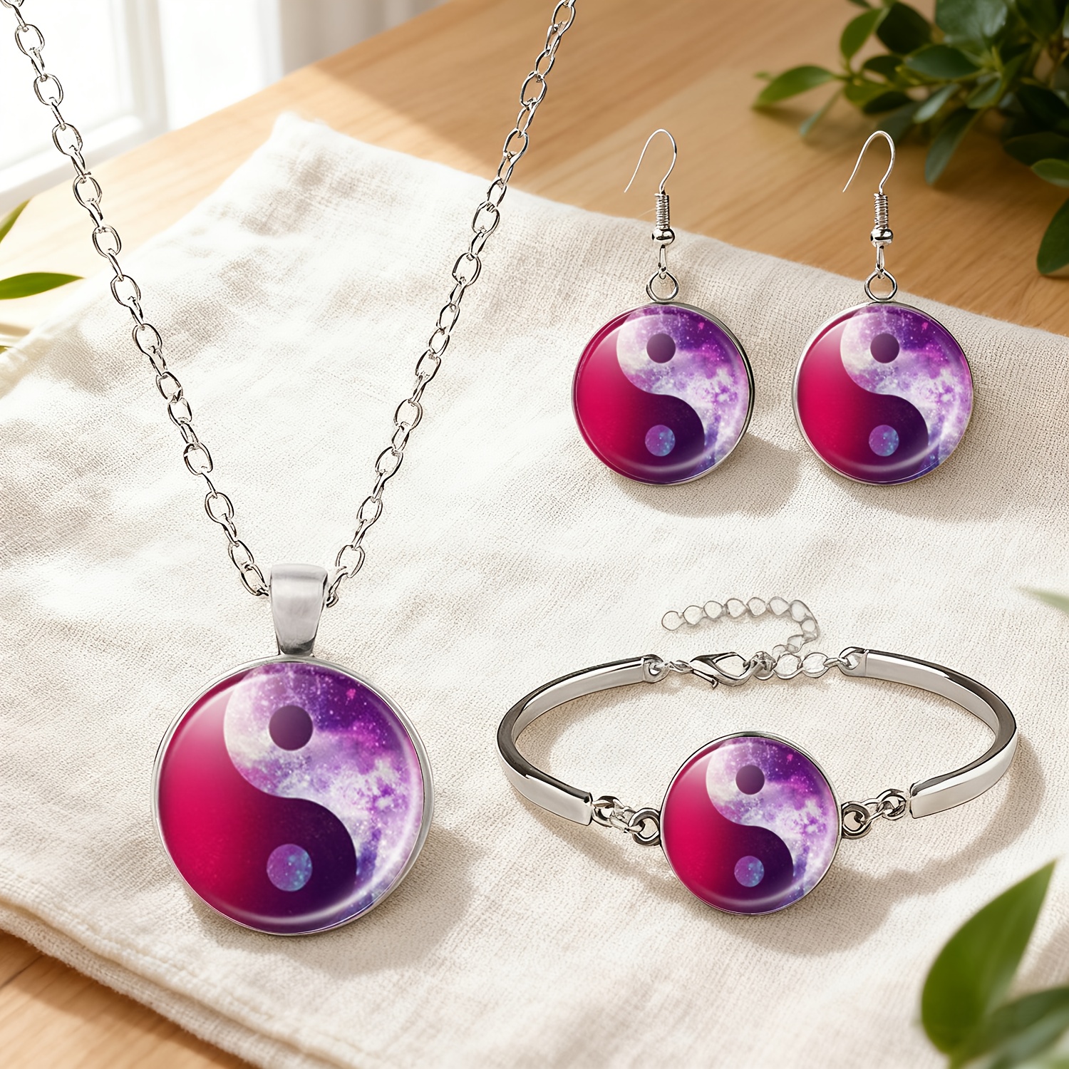 4pcs Yin Yang Jewelry Set with Necklace, Bracelet, and Earrings