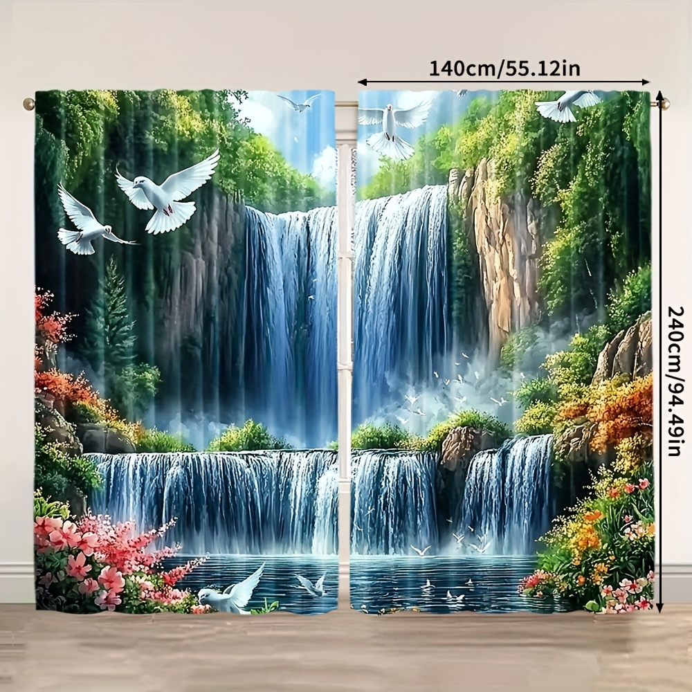 TEMU Set Of 2, Stylish Curtains Featuring A Seasonal Design Nature, Depicting A Waterfall In A Forest. Made Of Polyester, Suitable For Various Spaces