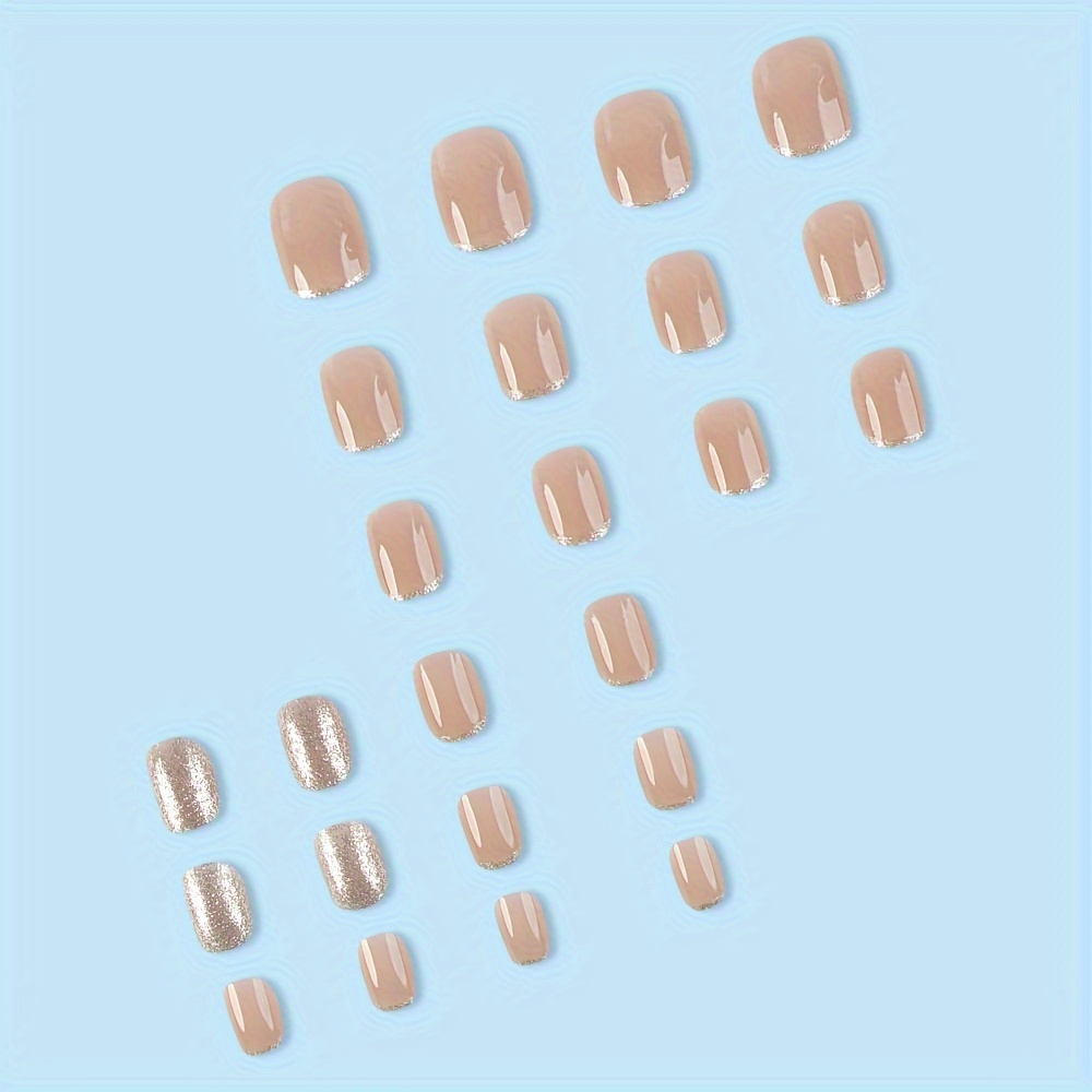 24pcs set nude press on nails with glitter french tip design short square fake nails simple classic daily solid color full cover fake nail kit for women and girls details 2