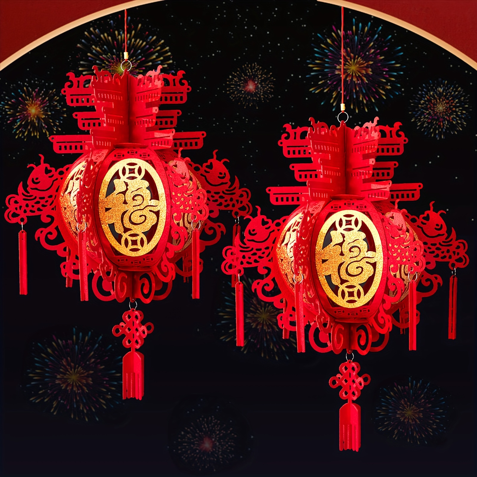 

2pcs Traditional Red Chinese New Year Lanterns With Golden Accents For 2025 - Non-woven Fabric, & New Year Celebrations, Home & Event Decor, Chinese New Year Decorations