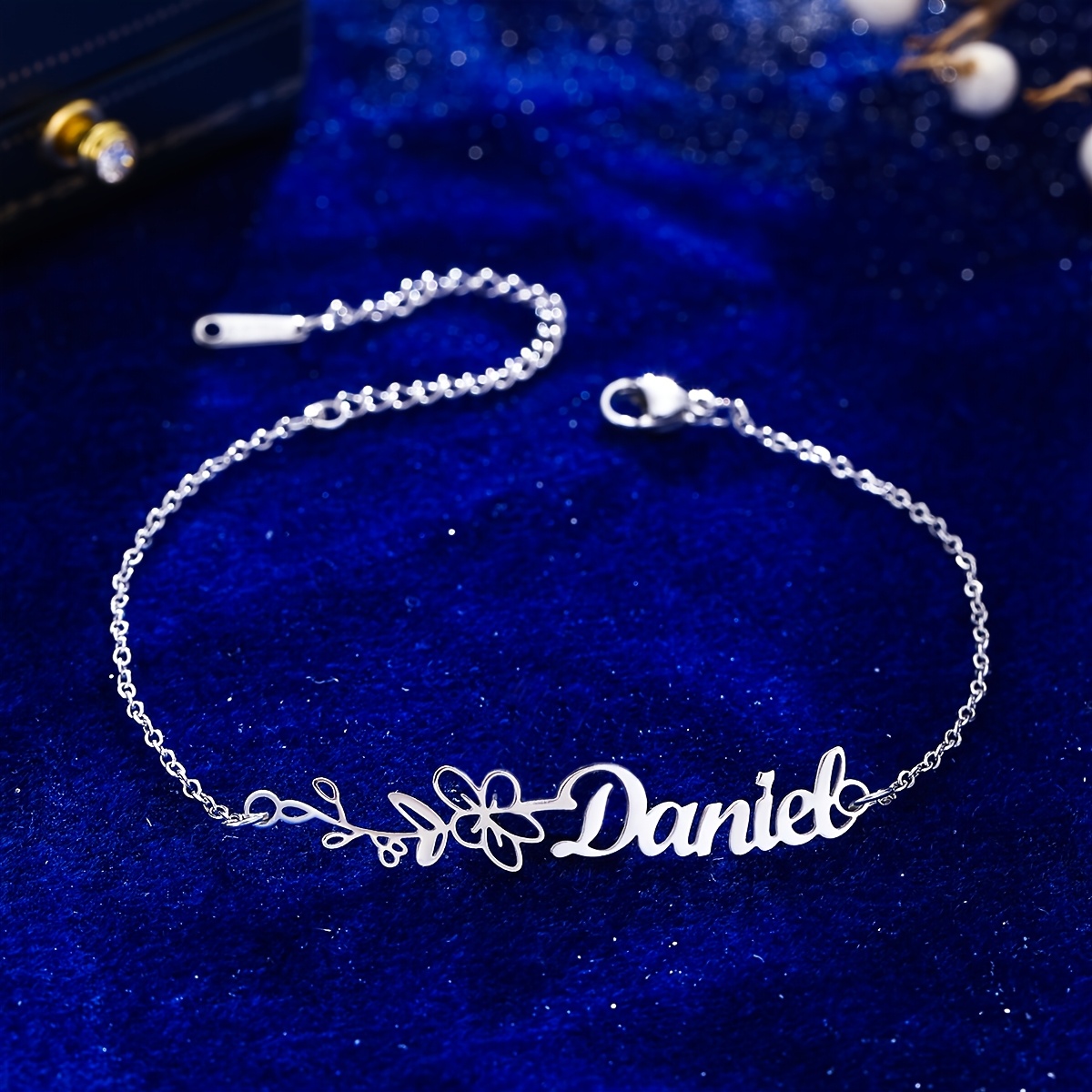 Personalized Birth Flower Name Bracelet, Minimalist Floral Design