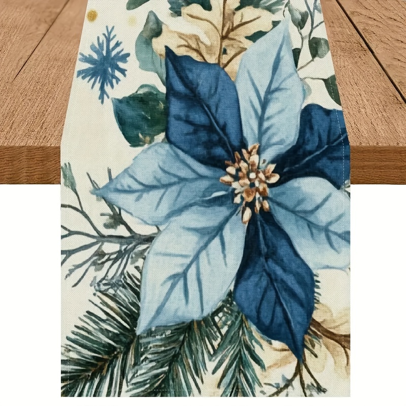 

Blue Christmas Poinsettia Table Runner, Holiday Dining And Party Decor, Rectangular Polyester Weave, Christmas, Table Flag