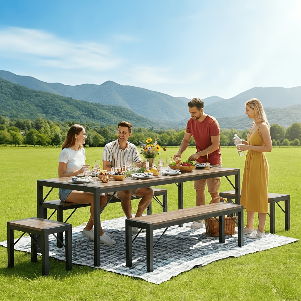 Non-Folding 5pcs Indoor & Outdoor Dining Table Set, 6 Seater Patio Kitchen Table with 2 Benches & 2 Stools, Industrial Space-Saving Set for Picnic, Camping, Backyard