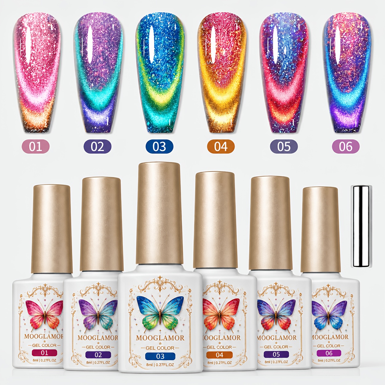 TEMU 6pcs Double Light Reflective Magnetic Gel Polish Set With Magnetic Stick, Sparkling Rainbow Holographic Cat Eye Soak Off Led Nail Gel For