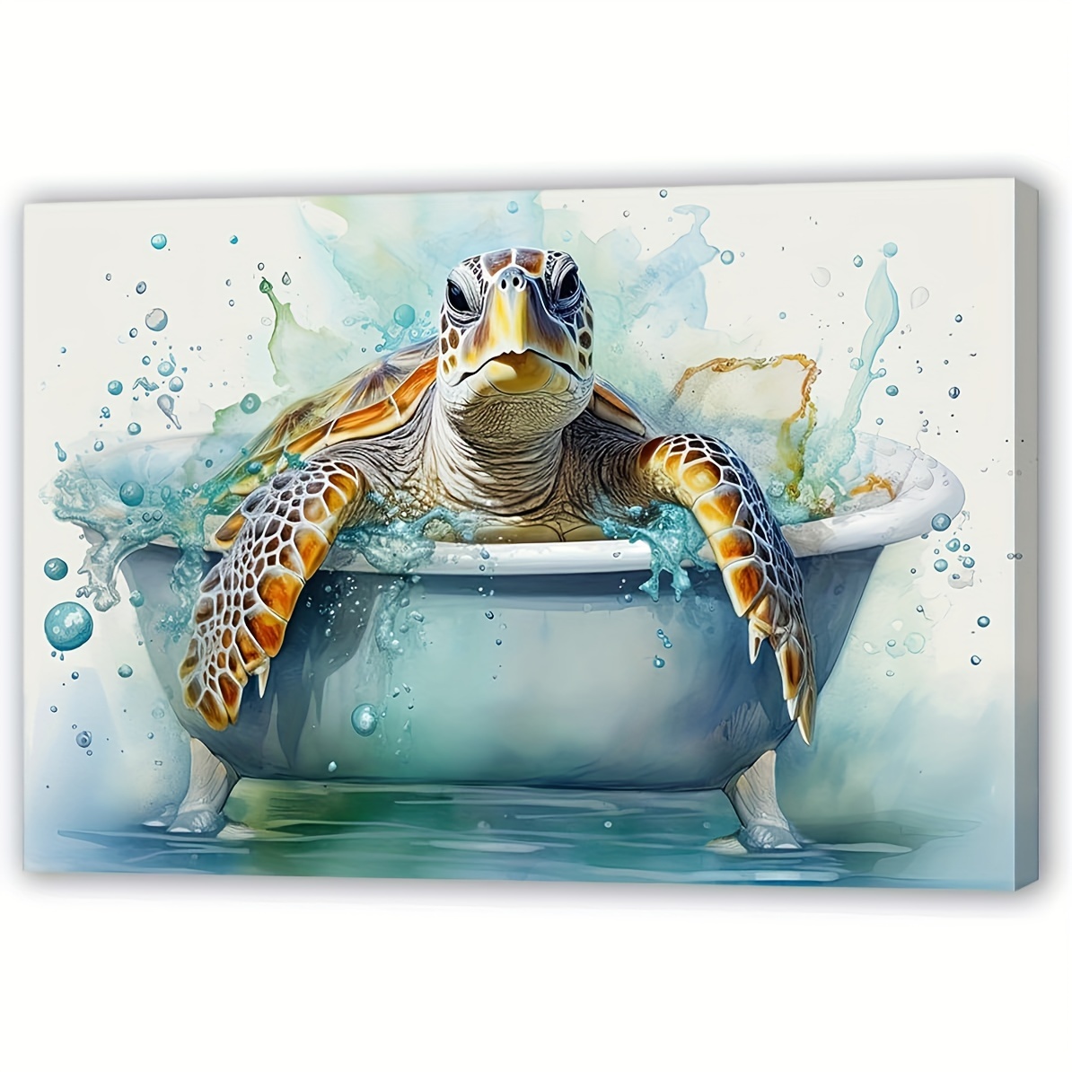 

Charming Sea Turtle In Bathtub Canvas Art - Frameless Ocean Animal Watercolor Poster For Living Room & Bedroom Decor, 12x18 Inches