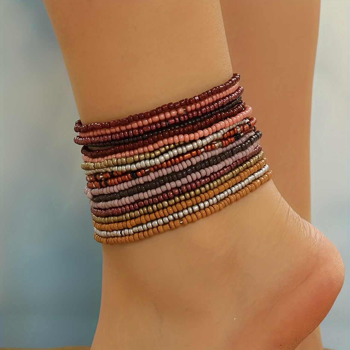 

18pcs Multicolor Beaded Elastic Ankle Bracelet Set, Bohemian & Minimalist Style, Brown Color Tone, Women's Beach Party Jewelry