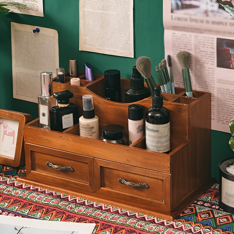 E-shop Vintage Holz Kosmetik- & Badezimmer-Aufbewahrungsorganizer - Freistehendes Schreibtischtablett mit mehreren Fächern Schubladen, staubabweisende