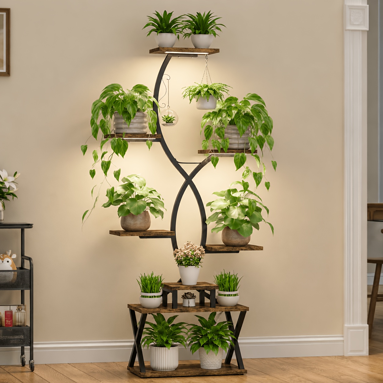 Image of 1pc 8-tiered Metal Plant Stand - Indoor Plant Shelf With Grow Lights, 62" Tall, Multi-plant Holder For Home, Patio, And Office - Space-, Adjustable, And Sturdy Plant Rack For Indoor Plants