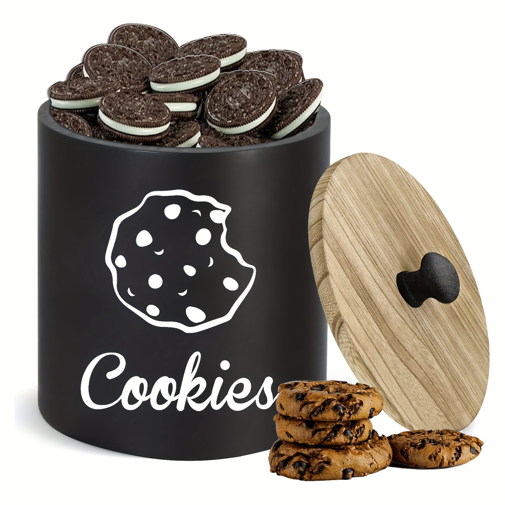 

1pc Rustic Wood Round Cookie Jar With Airtight Lid, Black Cookie Tin Large Cookie Jars With , Farmhouse Cookie Jars For Kitchen Counter Decorative Cute Cookie Jar, Storage Boxes For Organizing