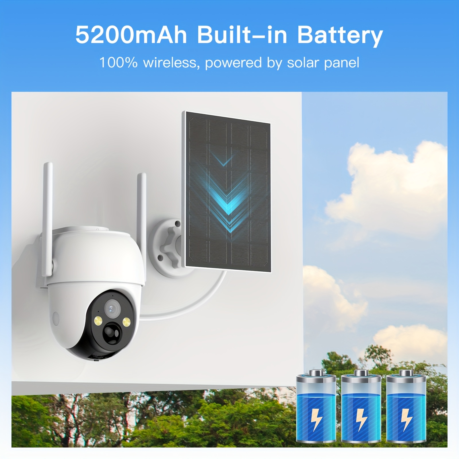   solar panel wireless security camera hd outdoor cam with color night vision 3mp 1296p high resolution wi fi smart   camera baby elderly pets   2 way audio ptz technology app control   alerts Product details 2