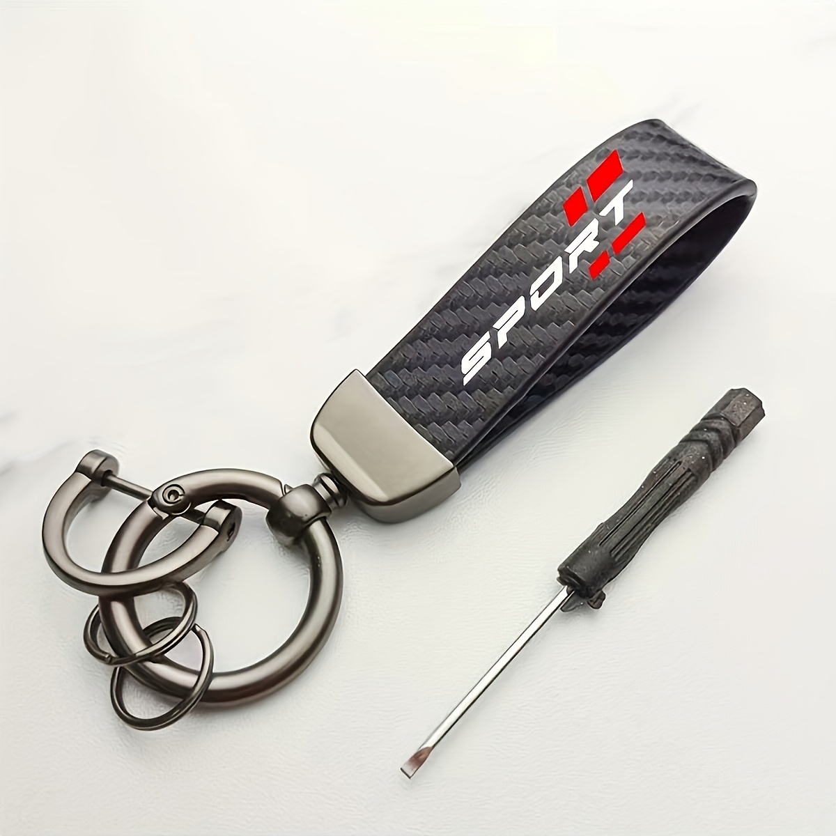 TEMU Sporty Heavy-duty Tool Keychain, Equipped With A Screwdriver, Carbon Fiber Texture, Sturdy Alloy Material, Durable Metal Key Ring, Unisex