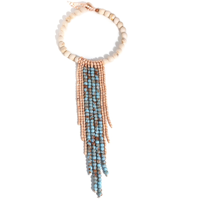Bohemian Tassel Long Bead Necklace in Light Blue