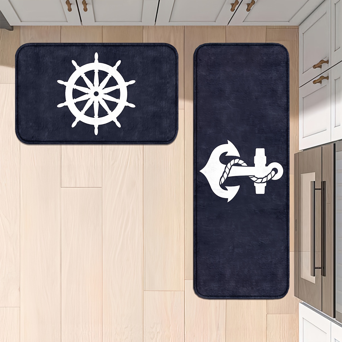 

Anchor And Helm Nautical Kitchen Mat Set, Non-slip, Machine Washable, Polyester, Thicken Comfort Floor Rugs For Home Kitchen