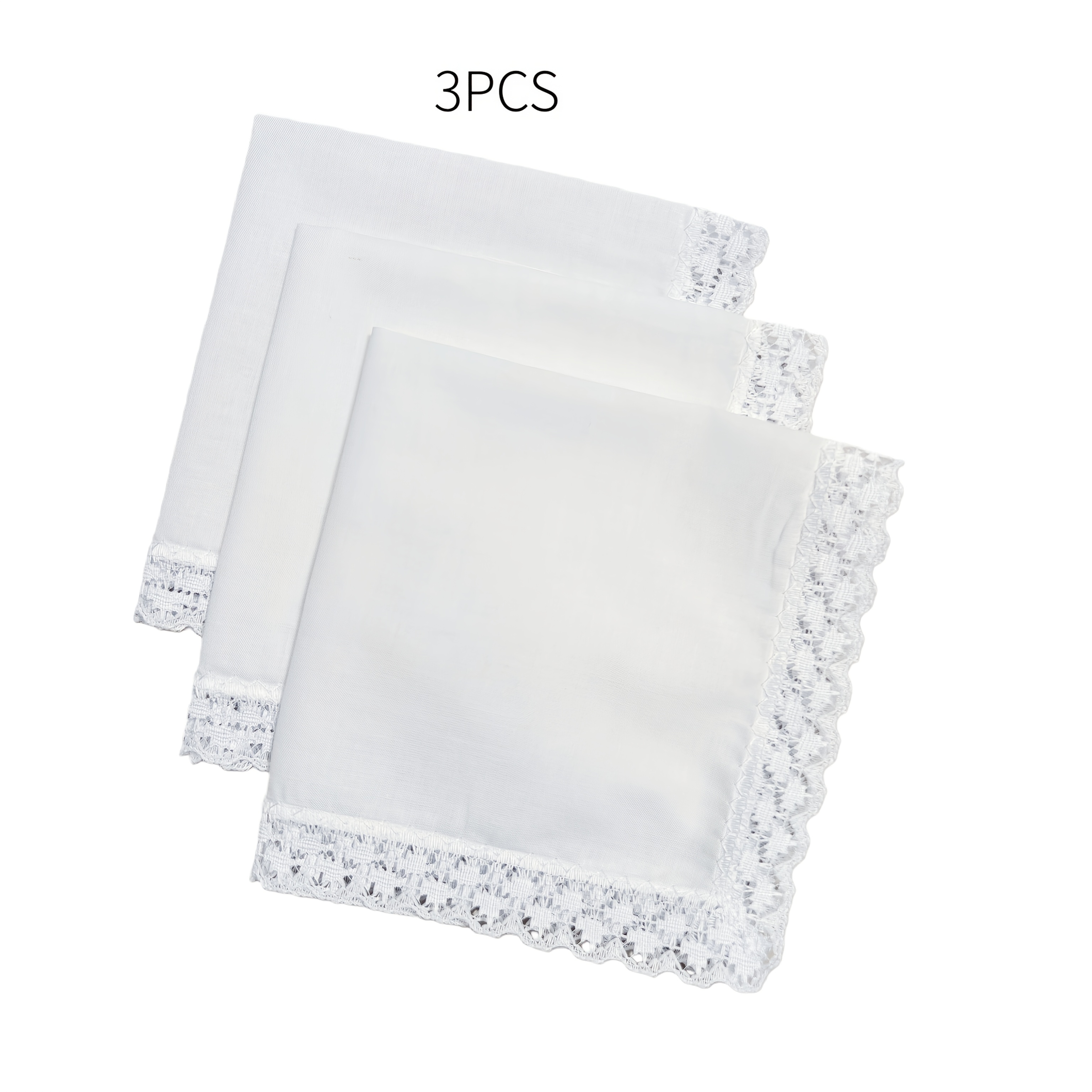 Image of 3pcs White Lace Handkerchiefs - Soft & Skin-friendly Fabric With Elegant Lace Trim. Compact 26cm Size Fits Easily In Pockets/bags, Perfect For Daily Use, Travel, Wedding Favors Or Small Gifts.