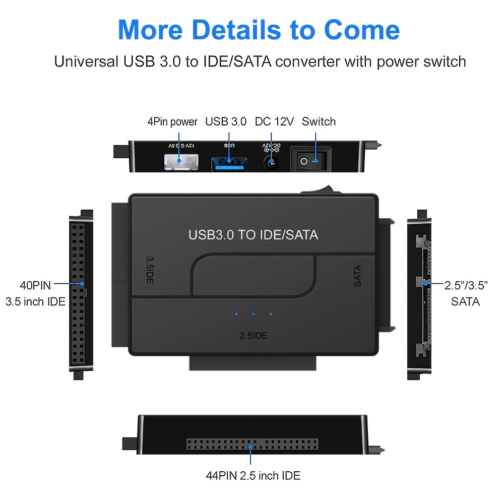 Lecteur de disque dur USB 3.0 vers SATA IDE, convertisseur de récupération de disque dur externe, kit adaptateur de disque dur universel pour disque dur HDD/SSD 2.5/3.5, (adaptateur secteur non inclus)