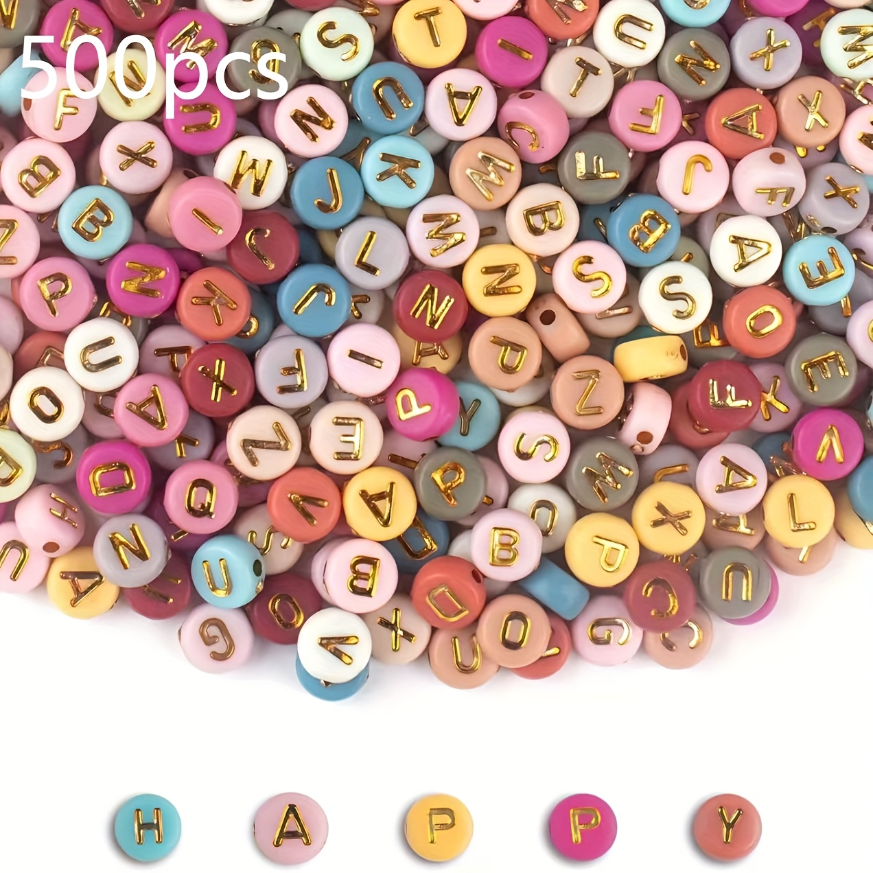 TEMU 500pcs Perline Acriliche Piatte Tonde Multicolore con Lettere Dorate, Kit per Creare Collane e Braccialetti Fai da Te, Forniture per Gioielli