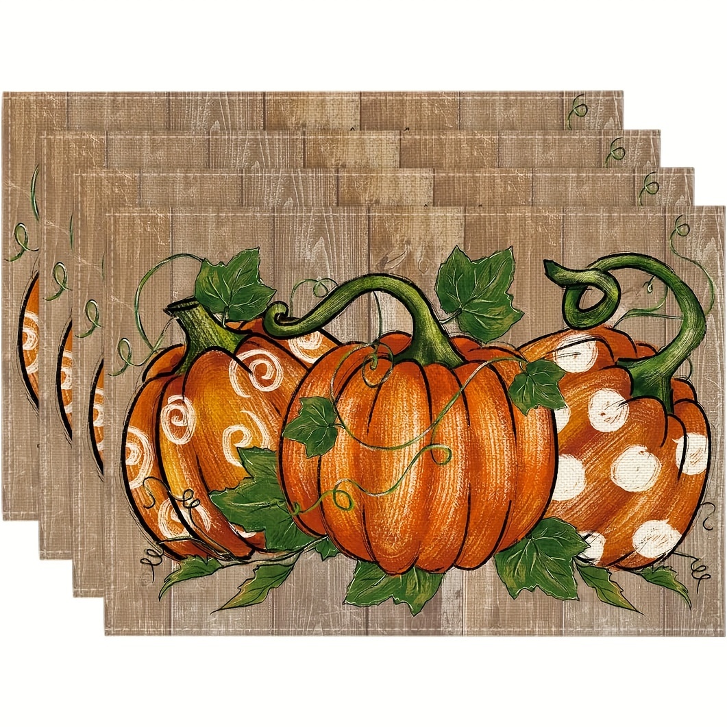 

Jit 2/4/6/8pcs, Wood Dot Pumpkins Fall Placemats, 12x18 Seasonal Table For Table Dining Decoration