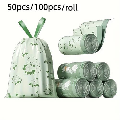 one rolls 50 100pcs scented trash bags 10l camellia flower fragrance heavy duty kitchen garbage bags leakproof drawstring for bathroom office living room restaurant