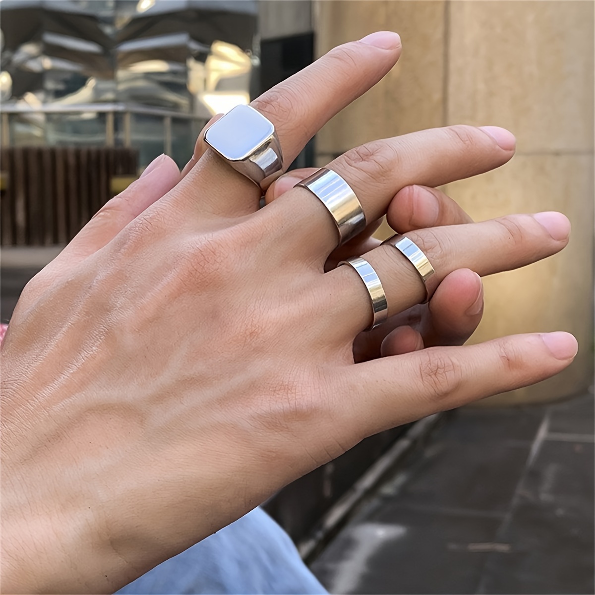 

4-piece Men' Cool Ring Set, Combination Alloy Bands, Minimalist Non-mosaic Accessory