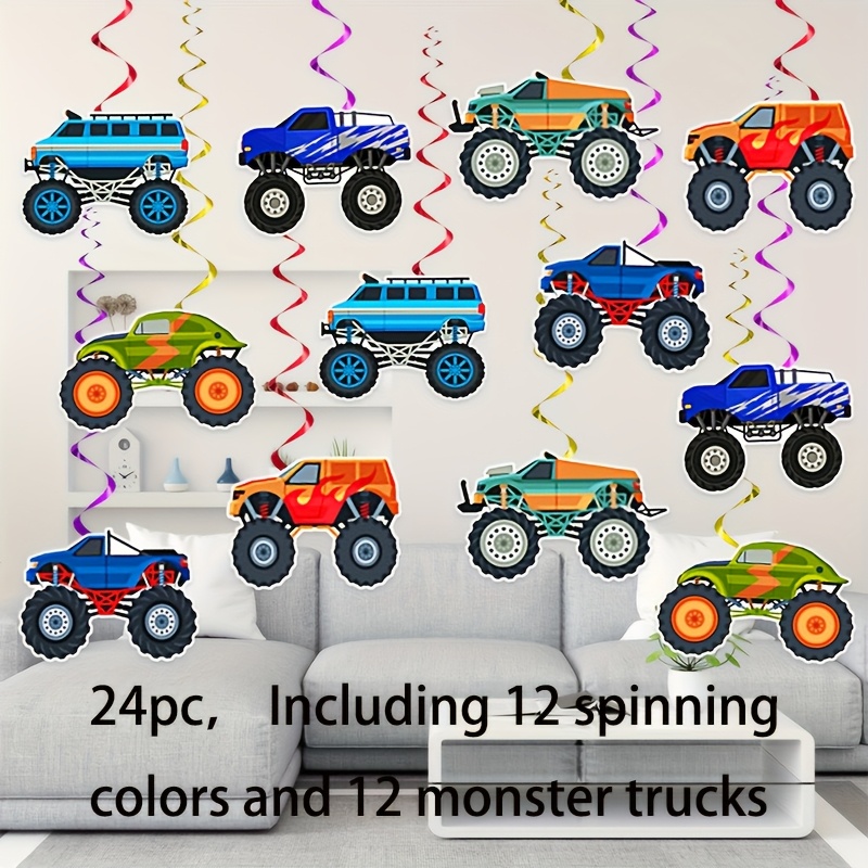 24pcs Set, Monster Truck Birthday Party Hanging Rotating Decoration, Halloween Decorations & Christmas Decorations