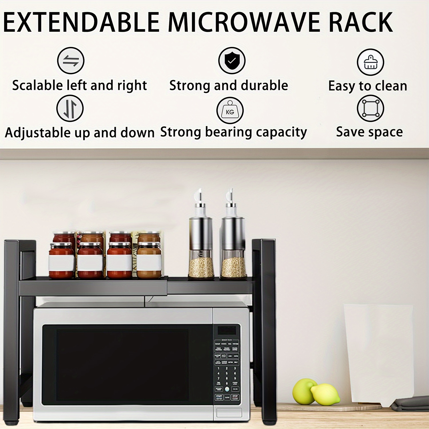 Étagère Micro-ondes Extensible, Étagère Micro-ondes à 2 Niveaux avec 3 Serviettes, 5 Crochets, Support pour Bâtonnets et Support de Planche à Découper, Organisateur de Cuisine, Support de Cuisson Micro-ondes, Plan de Travail, Extensible 40-64 Cm (Noir, Blanc)