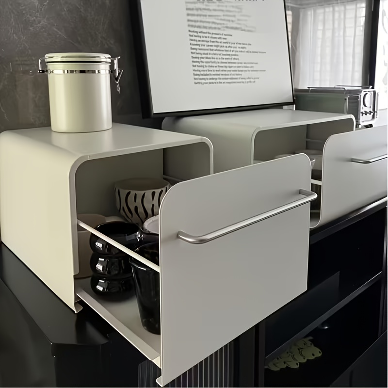 1pc Metal Coffee Organizer With Drawer, Stackable Metal Storage, Space- Countertop Storage, Sleek Metallic Finish, Durable Construction, , Suitable For Home, Cafe, Or Commercial Use