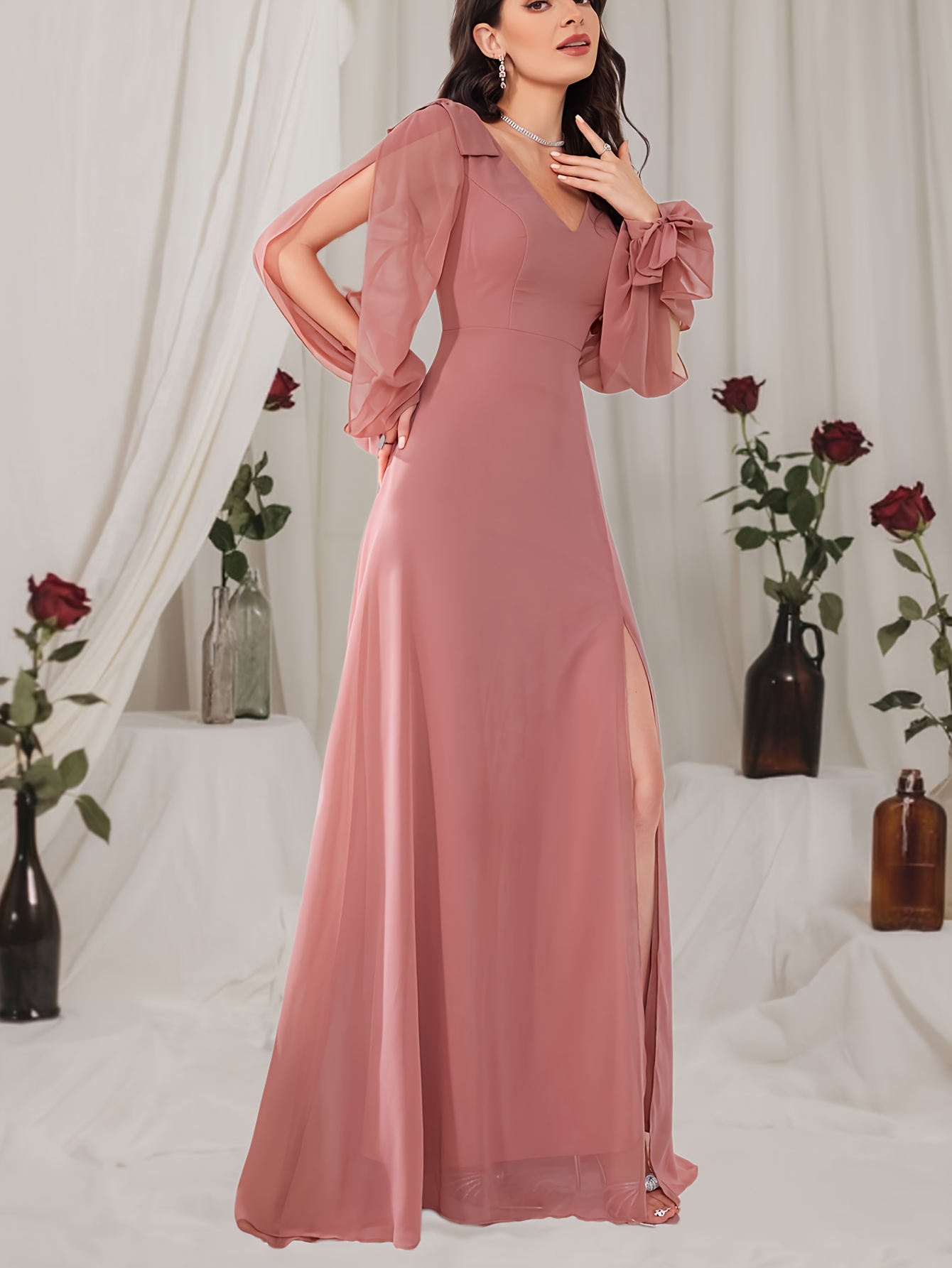 elegant v neck chiffon maxi dress women long sleeve solid