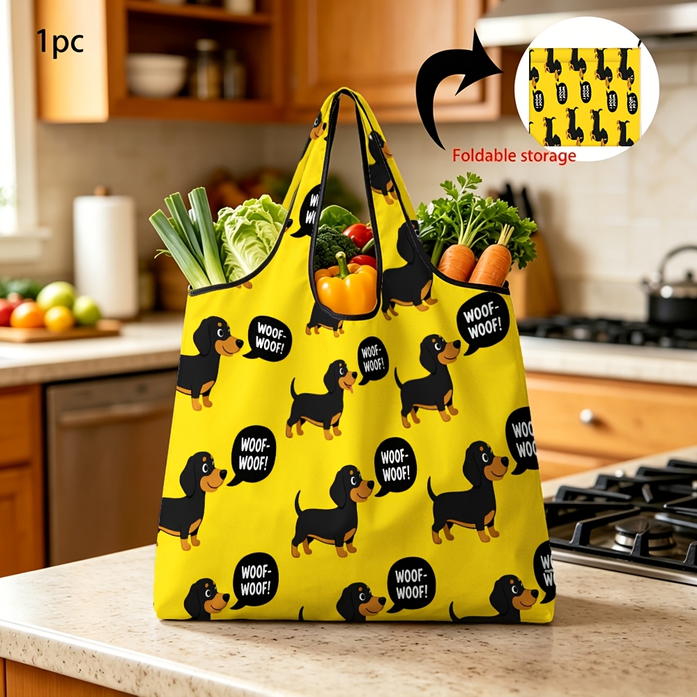 TEMU 1pc Reusable Portable Shopping Bag With Yellow Cartoon Dachshund Print Foldable Tote Bag
