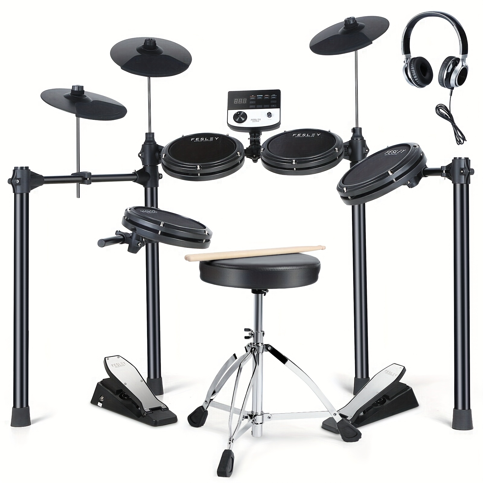 TEMU Fesley Electric Drum Set: 5 Drums 3 Cymbals With 4 Quiet Mesh Drum Pads, Electronic Drum Kit For Beginner Adult, E Drum Kit With Drum Throne,
