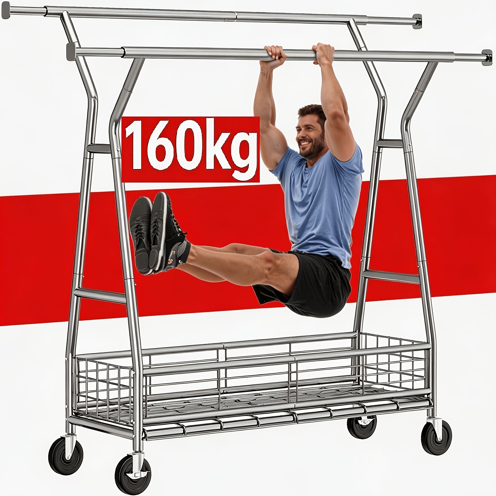 TEMU Tendedero de ropa de barra de metal resistente de gran capacidad, capacidad de peso de 160 kg, rotación de con ruedas giratorias bloqueables,