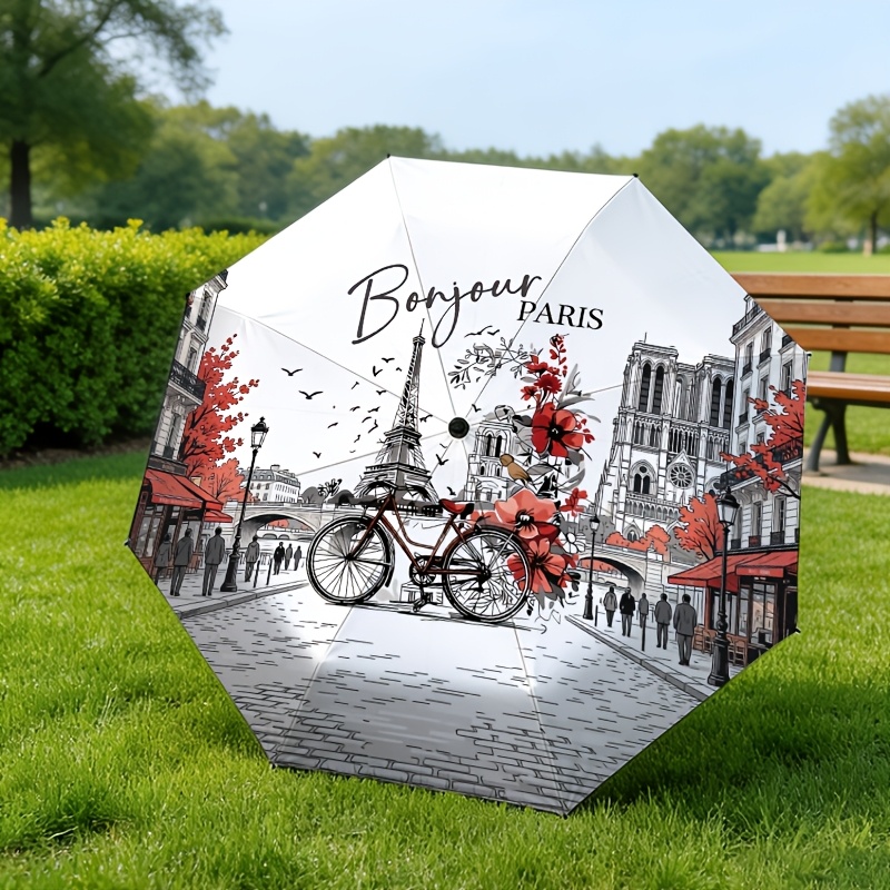 TEMU Printed Design – Not Textured Paris Street Art With Eiffel Tower And Bicycle Print, Paris Upf50+ Pattern For Fashionable Outdoor Use. Folding