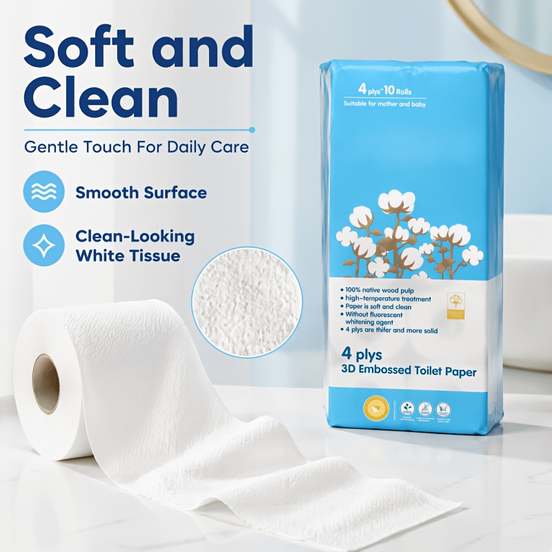 TEMU 10 Rolls Of Soft And Comfortable 4-ply Toilet Paper, Dissolves In Water Without Clogging The Toilet. Suitable For Home And Commercial Use As