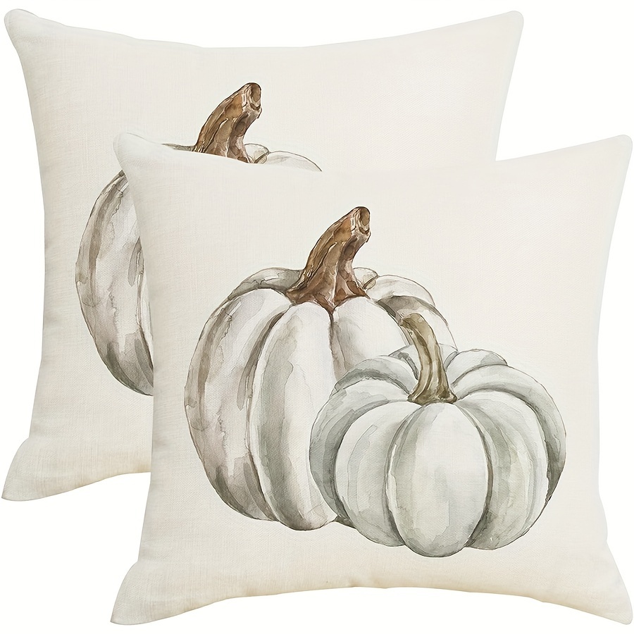 

2-pack Autumn Harvest Linen Throw Pillow Covers - White & Teal Grey Pumpkin Design, Perfect For Thanksgiving Decor, Zip Closure, Machine Washable - 16x16, 18x18, 20x20 Inches (pillow Not Included)