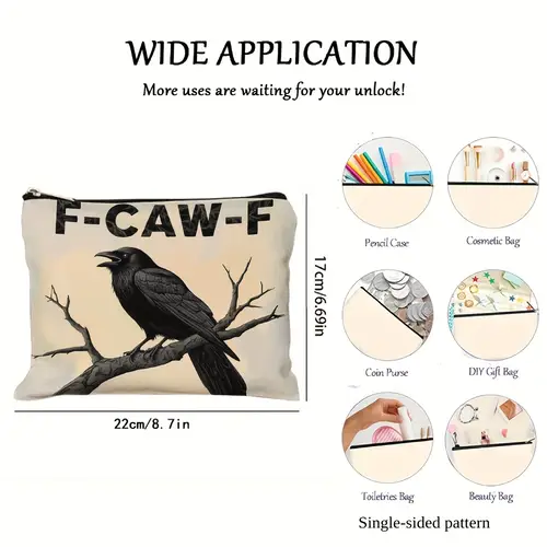 1pc Lightweight Makeup Organizer Pouch with Zipper Closure - F-CAW-F Raven & Branches Print, Beige Cosmetic Bag for Travel, School, Work - Multi-Functional Toiletry & Stationery Storage Pouch