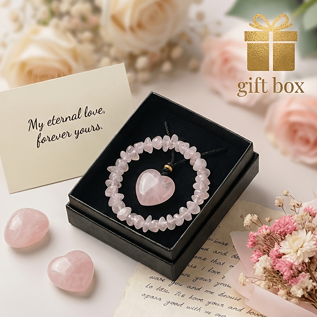 TEMU 3pcs Crystal Heart Necklace   Crushed Stone Bracelet Gift Box Set, Attracts Love And Enhances Popularity, Valentine's Day Anniversary Gift For