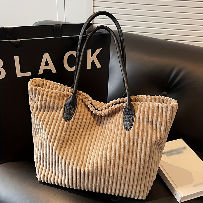Image of Women's Corduroy Large Capacity Shoulder Bag, Elegant Soft Comfortable Fabric Tote, Daily Work Handbag, Handbag