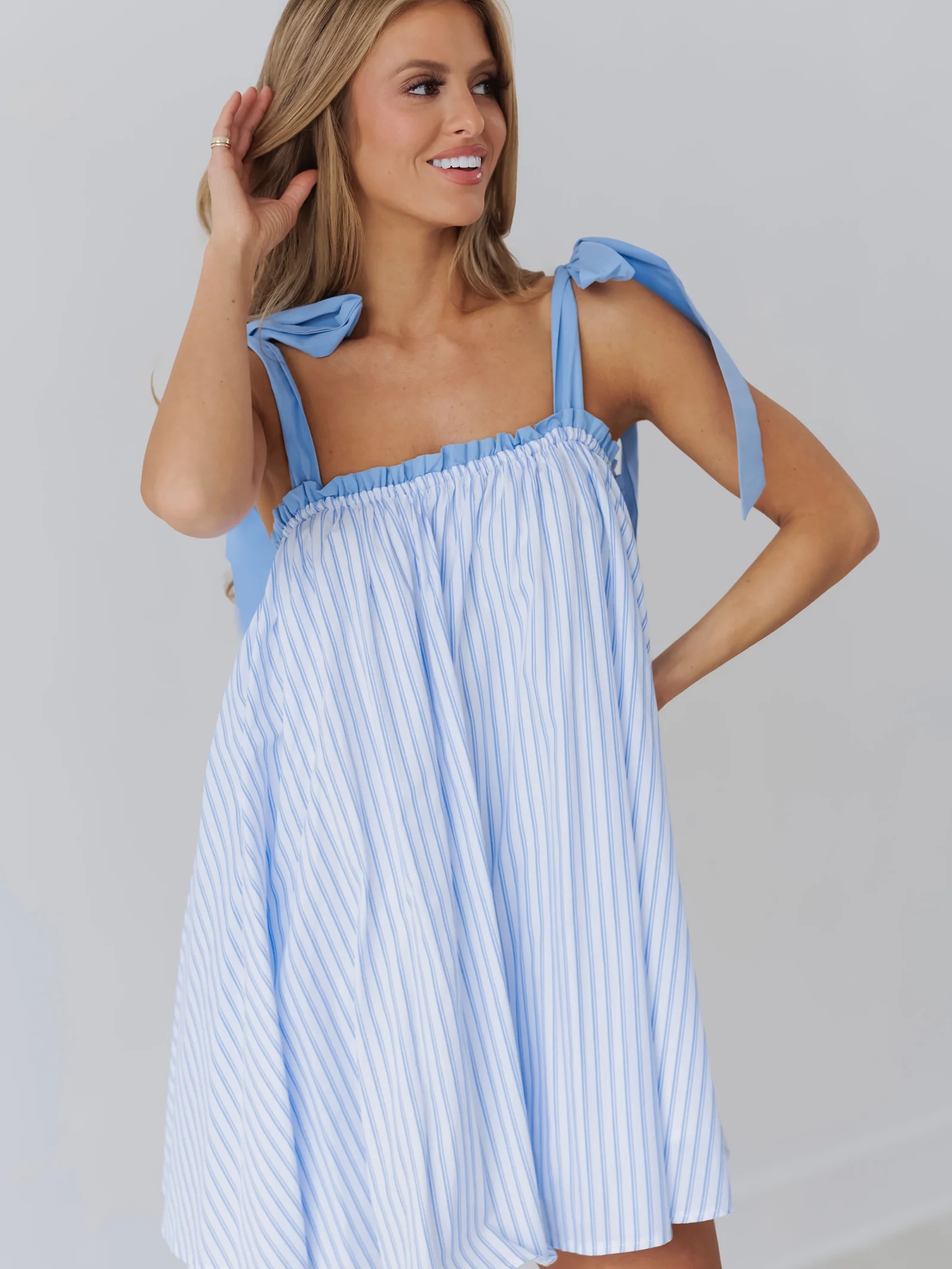 blue striped off shoulder dress Blue Striped Off The Shoulder Ruffle Dress main image 0