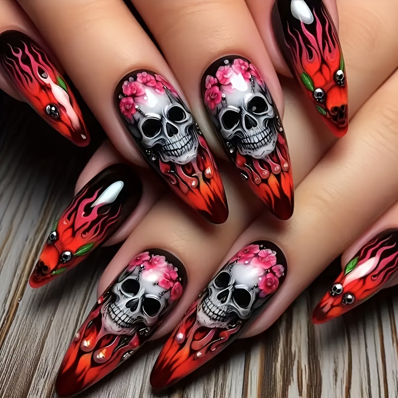 Halloween Almond Shaped Medium-length Fake Nails - Rose & Design With Red Flames, Reusable Glossy Press-on Nails For Women, Parties & Daily Wear, Party Accessories