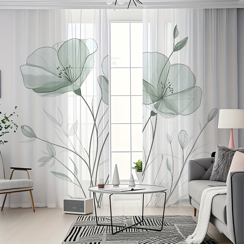 Image of 2pcs Translucent Curtains, Fresh Light Green Floral Pattern Curtains, As Gifts, Wedding Decoration Fabric, Suitable For Bedrooms, Living Rooms, Kitchens, Cafes, Restaurants, , Partitions, Gardens