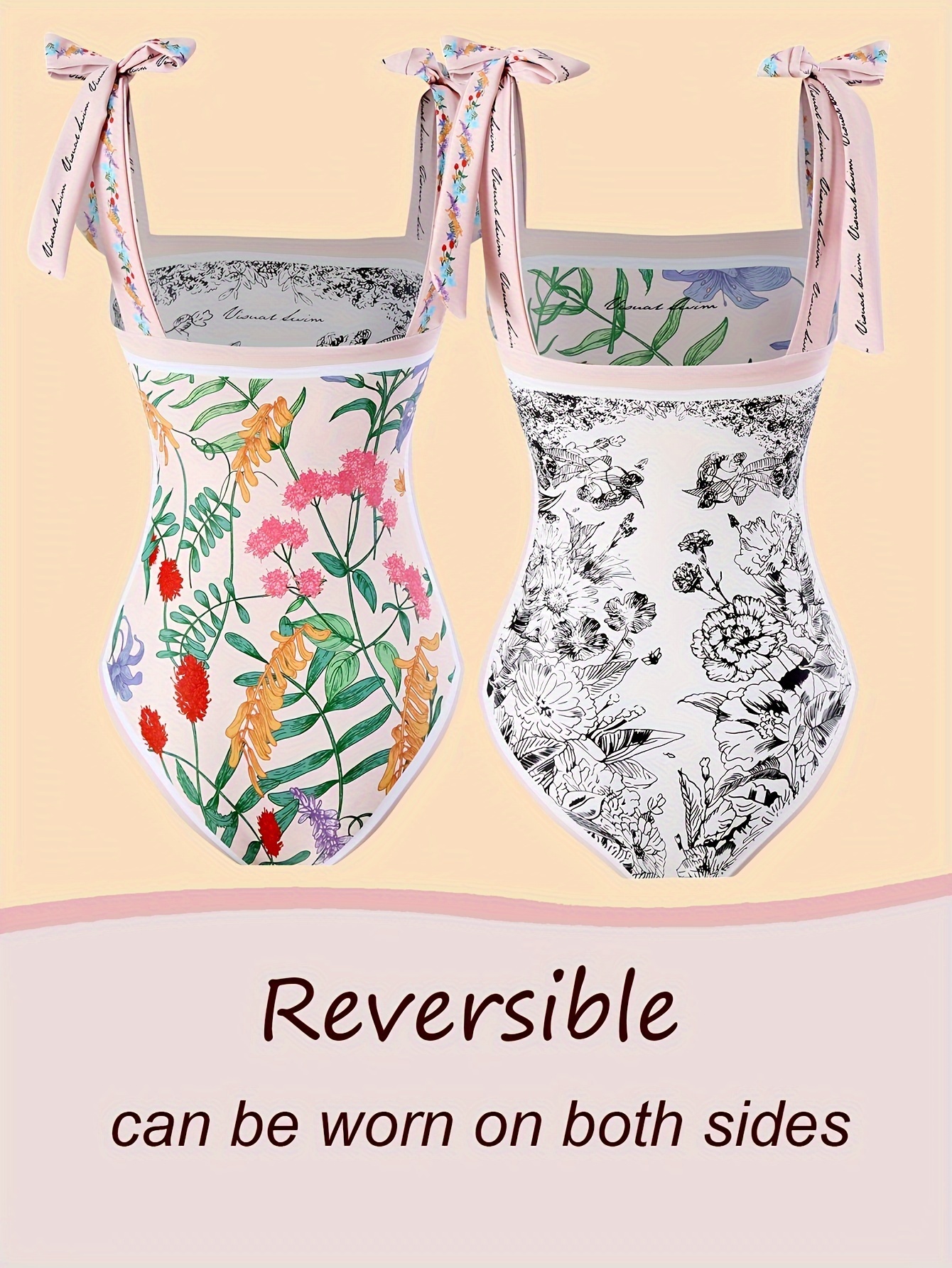 Vintage Style Floral Print Reversible Swimsuit - Temu