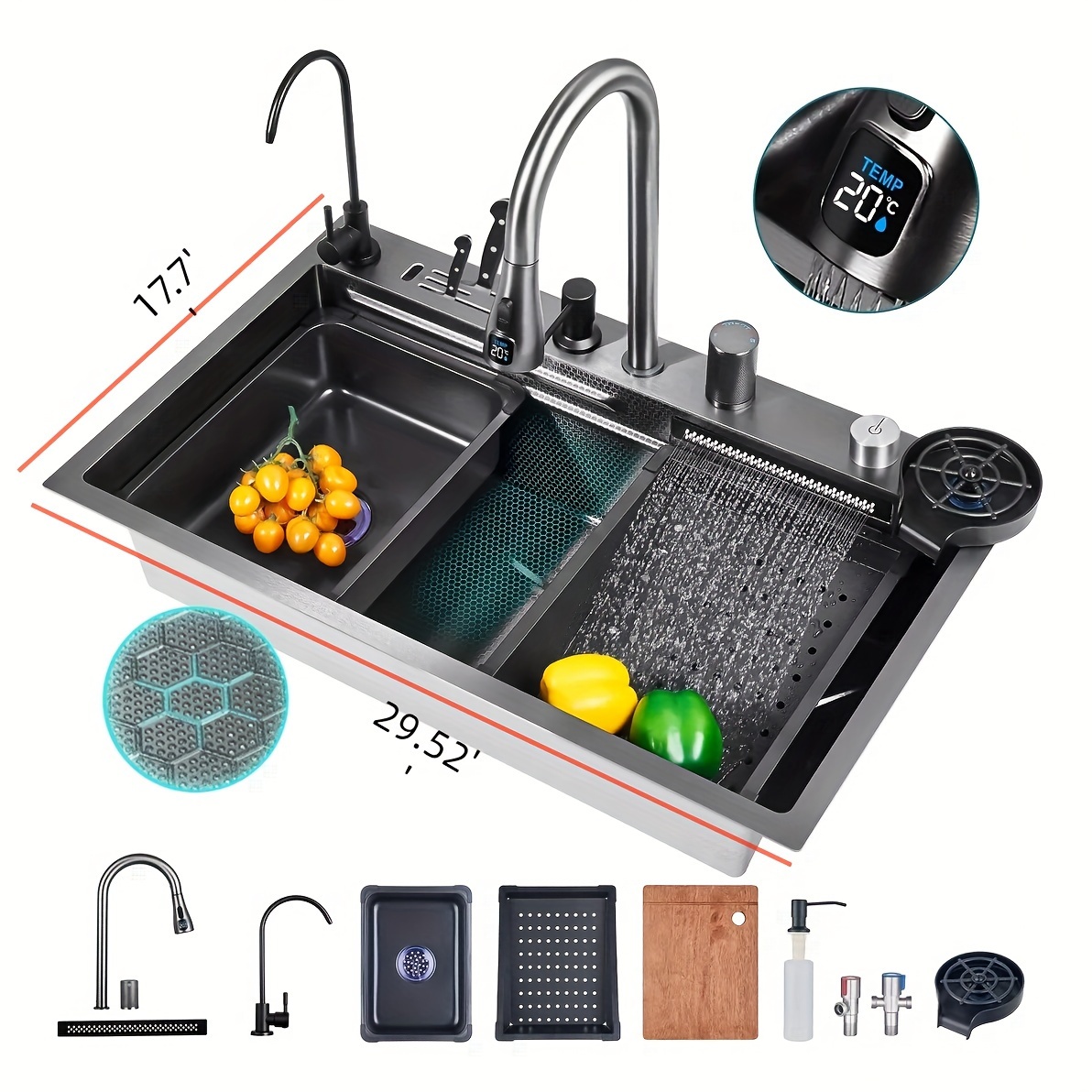 double waterfall kitchen sink modern led display kitchen sink with flexible tap smart stainless steel sink with accessories