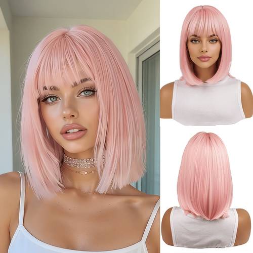 womens 14 inch high quality synthetic wig breathable net smooth and dense short straight bob wig with bangs suitable for daily role playing easter mothers summer music festival