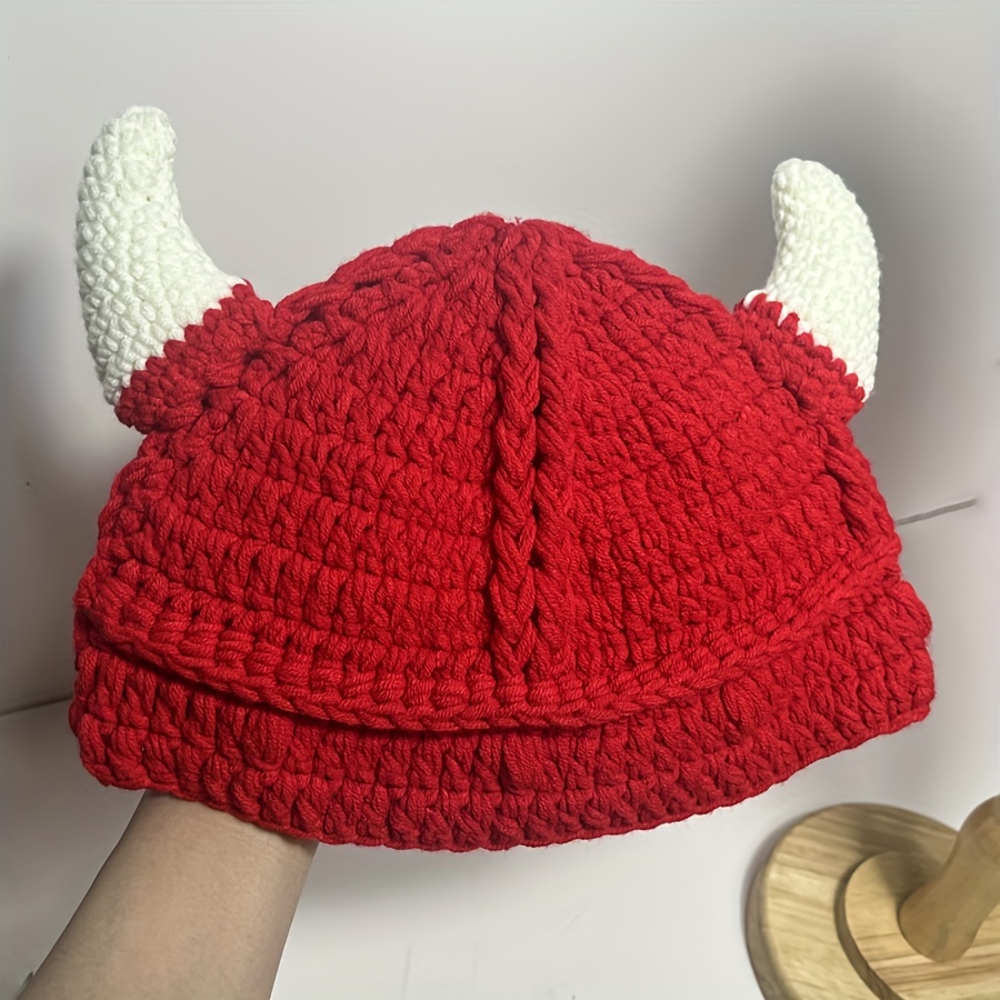 

Handmade Knit Viking Horned Beanie Hat - Cotton Bucket Cap With Hook Up Craftsmanship, Unstretchable Lightweight Armor Style Cozy Headwear For Women