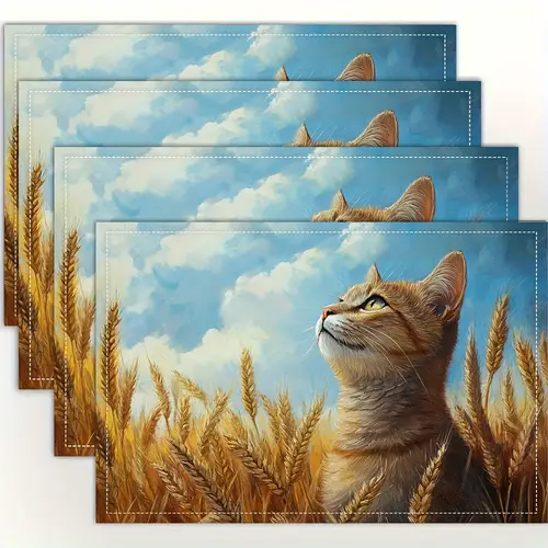 4pcs wheat field cat placemats fashion print pattern table mat for dining table kitchen party indoor holiday dinner parties and home decor table mats 12x18 inch cpd6740