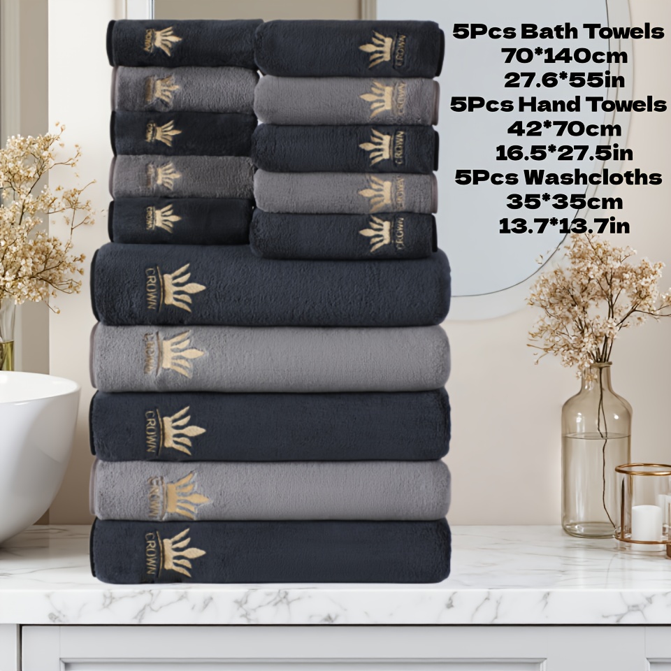 Image of 15pcs High-end Embroidered Towel Set, 5 Bath Towels 140x70cm, 5 Towels 70x42cm, 5 Washcloths 35x35cm, Than Pure, , Absorbent, Ideal For Home Bathroom, Pool, Hotel, Spa, Sauna, Outdoor, Beach, Etc.
