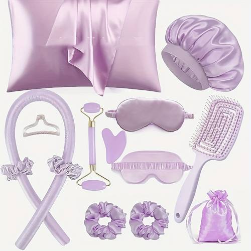 13pcs sleep hairstyle design tool set curler and facial massager pillowcase no heat curling kit overnight curler sleeping eye mask womens face roller light beige care tools purple 3 colors for choose