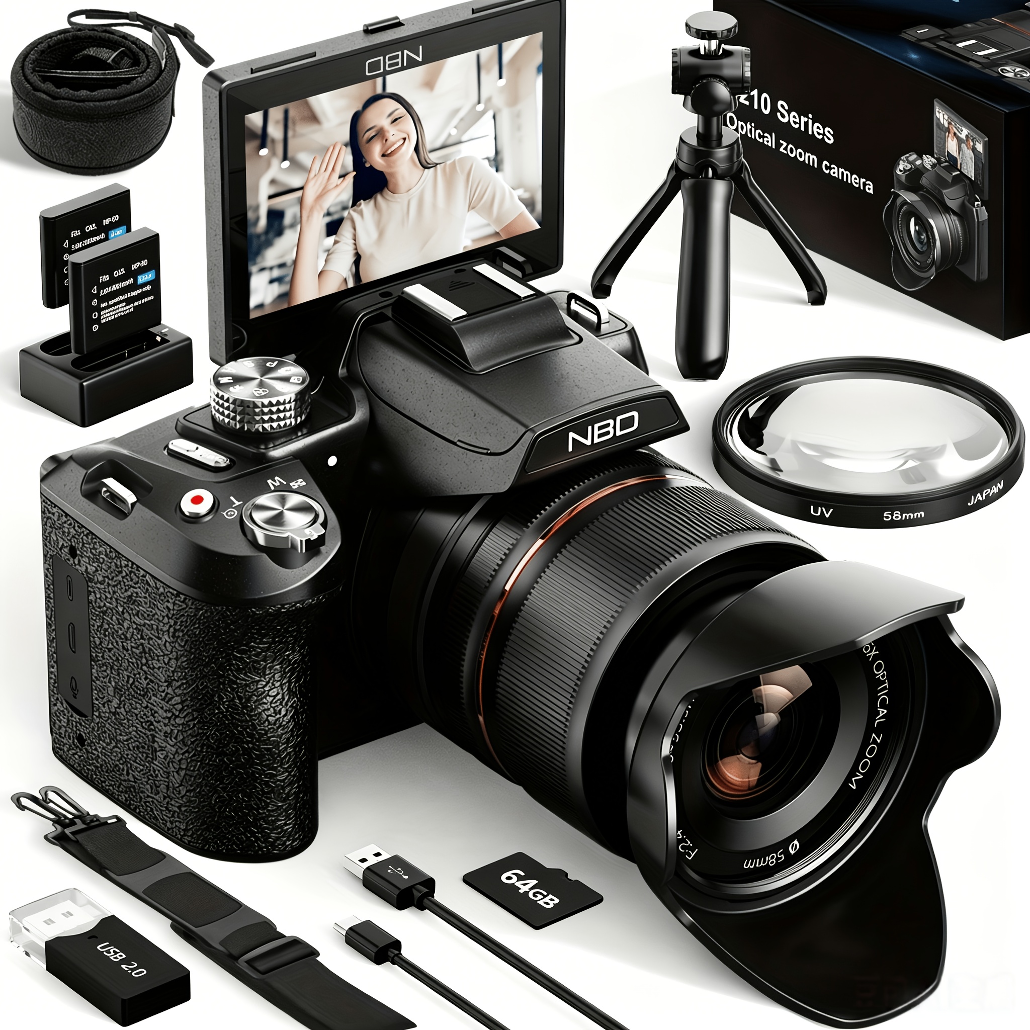 5k&64mp Digital Cameras For Photography, 16x Optical Zoom Camera With Wifi & App Control, Vlogging Camera With Flipable 3-inch Screen, Auto Focus, Bag, 2 Batteries, Camera Strap&32gb Card