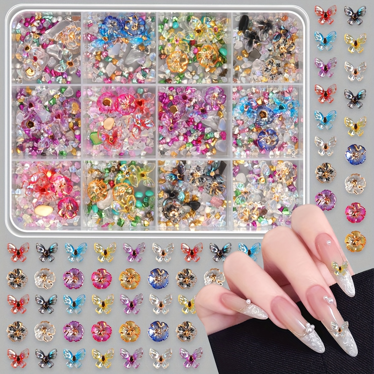 TEMU 12-grid Ab Iridescent Colorful Glass Irregular Rhinestones, Gradient Bow Resin Nail Art Set With Flowers And 3d Decorations
