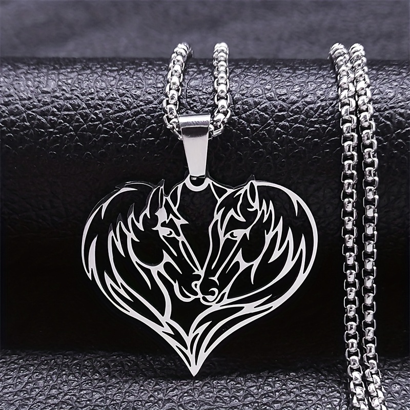 TEMU 1pc Fashion 304 Stainless Steel Love Double Horse Couple Pendant Necklace Men And Women Hip-hop Rock Party New Year Couple Trend Jewelry Gift