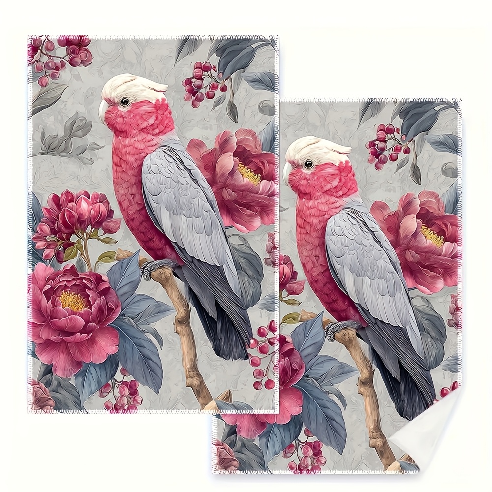 TEMU 2pcs Australian And Pink Peony Watercolor Towels - Soft Reusable Tea Towels, Country Retro Bird Print, Bathroom, Christmas Decor - Pinkish-gray